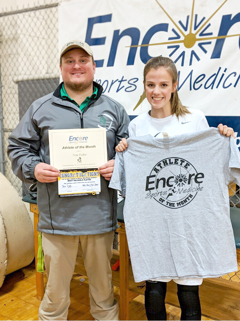 Tess Duke - Athlete of the Month for Holly Pond High School and Encore Rehabilitation-Cullman is shown here with Encore Sports Medicine Athletic Trainer Gage Brewer #EncoreRehab